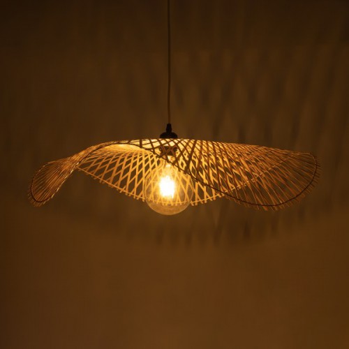 GloboStar® MELEMELE 01841 Boho Κρεμαστό Φωτιστικό Οροφής Μονόφωτο 1 x E27 AC220-240V IP20 - Φ75 x Υ10cm - Μπεζ Ξύλινο Μπαμπού Πλέγμα - 5 Χρόνια Εγγύηση Διακόσμηση - Φωτισμός - Χαλιά
