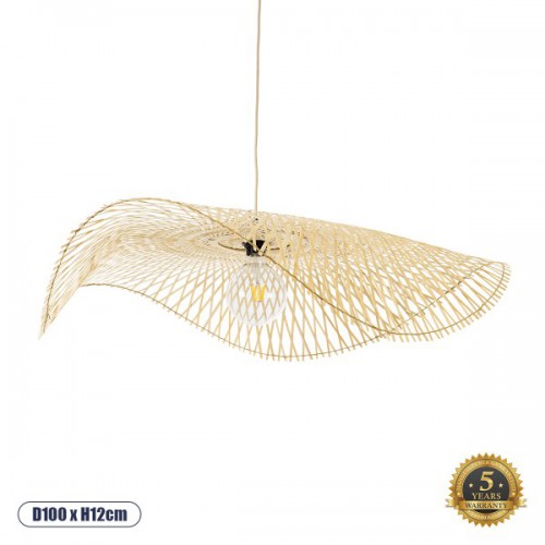 GloboStar® MELEMELE 01842 Boho Κρεμαστό Φωτιστικό Οροφής Μονόφωτο 1 x E27 AC220-240V IP20 - Φ100 x Υ12cm - Μπεζ Ξύλινο Μπαμπού Πλέγμα - 5 Χρόνια Εγγύηση Διακόσμηση - Φωτισμός - Χαλιά