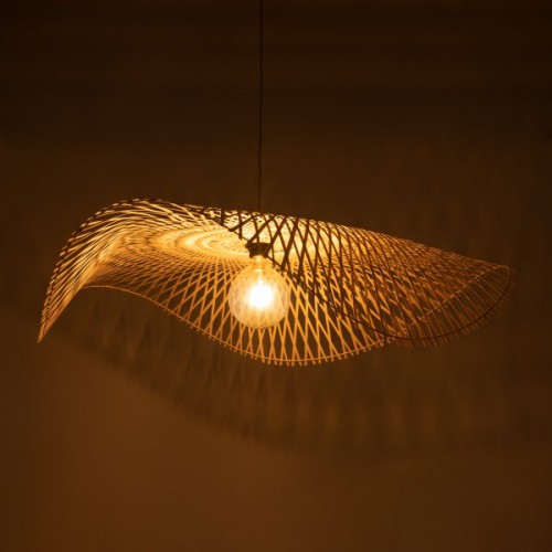 GloboStar® MELEMELE 01842 Boho Κρεμαστό Φωτιστικό Οροφής Μονόφωτο 1 x E27 AC220-240V IP20 - Φ100 x Υ12cm - Μπεζ Ξύλινο Μπαμπού Πλέγμα - 5 Χρόνια Εγγύηση Διακόσμηση - Φωτισμός - Χαλιά