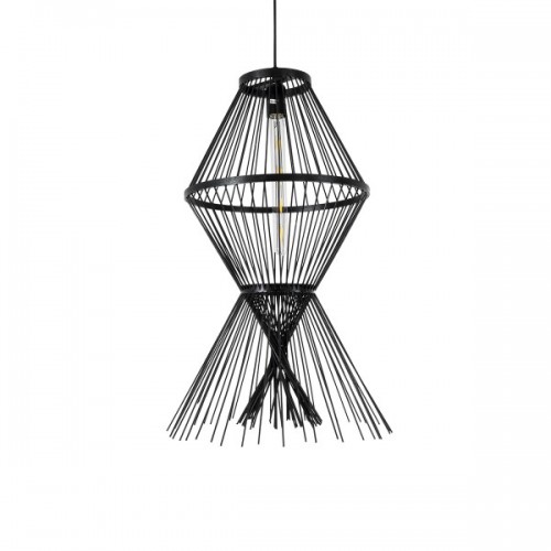 GloboStar® YOSHI 01929 Boho Κρεμαστό Φωτιστικό Οροφής Μονόφωτο 1 x E27 AC220-240V IP20 - Φ35 x Υ60cm - Μαύρο Ξύλινο Πλέγμα - 5 Χρόνια Εγγύηση Διακόσμηση - Φωτισμός - Χαλιά