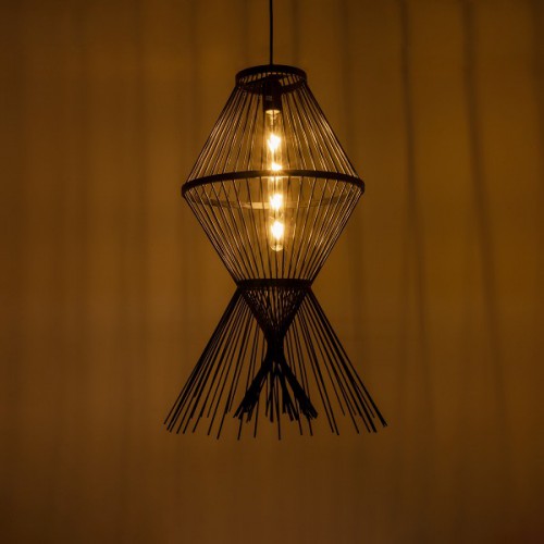 GloboStar® YOSHI 01929 Boho Κρεμαστό Φωτιστικό Οροφής Μονόφωτο 1 x E27 AC220-240V IP20 - Φ35 x Υ60cm - Μαύρο Ξύλινο Πλέγμα - 5 Χρόνια Εγγύηση Διακόσμηση - Φωτισμός - Χαλιά