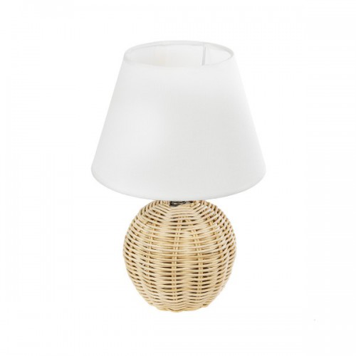 GloboStar® KAI 01957 Boho Επιτραπέζιο Φωτιστικό Πορτατίφ Μονόφωτο 1 x E27 AC220-240V IP20 - Φ19 x Υ30cm - Μπεζ Ξύλινο Πλέγμα με Λευκό Καπέλο - 5 Χρόνια Εγγύηση Διακόσμηση - Φωτισμός - Χαλιά