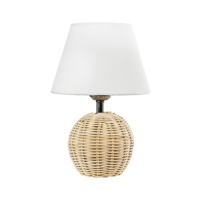 GloboStar® KAI 01957 Boho Επιτραπέζιο Φωτιστικό Πορτατίφ Μονόφωτο 1 x E27 AC220-240V IP20 - Φ19 x Υ30cm - Μπεζ Ξύλινο Πλέγμα με Λευκό Καπέλο - 5 Χρόνια Εγγύηση Διακόσμηση - Φωτισμός - Χαλιά