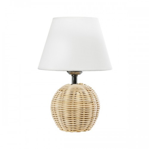 GloboStar® KAI 01957 Boho Επιτραπέζιο Φωτιστικό Πορτατίφ Μονόφωτο 1 x E27 AC220-240V IP20 - Φ19 x Υ30cm - Μπεζ Ξύλινο Πλέγμα με Λευκό Καπέλο - 5 Χρόνια Εγγύηση Διακόσμηση - Φωτισμός - Χαλιά