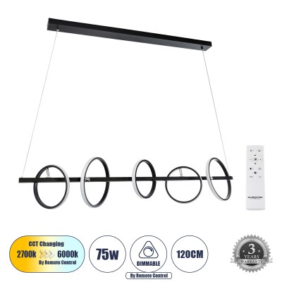 GLOBOSTAR® CIRCOLARE 61319 Μοντέρνο Κρεμαστό Φωτιστικό Οροφής LED 75W 7500lm 360° AC 220-240V IP20 Ρυθμιζόμενο Λευκό CCT με Χειριστήριο από 2700K έως 6000K Dimmable - Lumileds SMD Chip - Μαύρο Ματ - Μ120 x Π25 x Υ25cm - 3 Χρόνια Εγγύηση GLOBOSTAR® CIRCOLARE 61319 Μοντέρνο Κρεμαστό Φωτιστικό Οροφής LED 75W 7500lm 360° AC 220-240V IP20 Ρυθμιζόμενο Λευκό CCT με Χειριστήριο από 2700K έως 6000K Dimmable - Lumileds SMD Chip - Μαύρο Ματ - Μ120 x Π25 x Υ25cm - 3 Χρόνια Εγγύηση