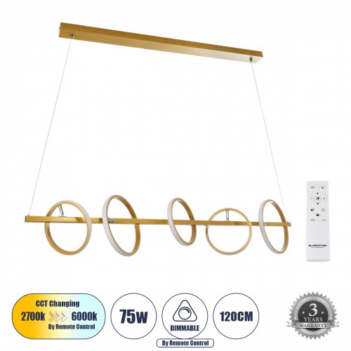 GloboStar® CIRCOLARE 61322 Κρεμαστό Φωτιστικό Οροφής Design LED CCT 75W 8400lm 360° AC 220-240V - Εναλλαγή Φωτισμού μέσω Τηλεχειριστηρίου All In One Ψυχρό 6000k+Φυσικό 4500k+Θερμό 2700k Dimmable Μ120 x Π25 x Υ25cm - Χρυσό - 3 Χρόνια Εγγύηση Διακόσμηση - Φ GloboStar® CIRCOLARE 61322 Κρεμαστό Φωτιστικό Οροφής Design LED CCT 75W 8400lm 360° AC 220-240V - Εναλλαγή Φωτισμού μέσω Τηλεχειριστηρίου All In One Ψυχρό 6000k+Φυσικό 4500k+Θερμό 2700k Dimmable Μ120 x Π25 x Υ25cm - Χρυσό - 3 Χρόνια Εγγύηση Διακόσμηση - Φ