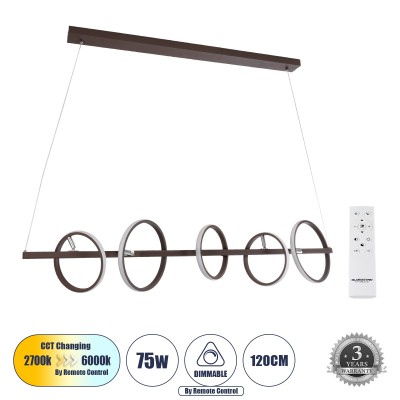 GLOBOSTAR® CIRCOLARE 61321 Μοντέρνο Κρεμαστό Φωτιστικό Οροφής LED 75W 8400lm 360° AC 220-240V IP20 Ρυθμιζόμενο Λευκό CCT με Χειριστήριο από 2700K έως 6000K Dimmable - Lumileds SMD Chip - Καφέ - Μ120 x Π25 x Υ25cm - 3 Χρόνια Εγγύηση GLOBOSTAR® CIRCOLARE 61321 Μοντέρνο Κρεμαστό Φωτιστικό Οροφής LED 75W 8400lm 360° AC 220-240V IP20 Ρυθμιζόμενο Λευκό CCT με Χειριστήριο από 2700K έως 6000K Dimmable - Lumileds SMD Chip - Καφέ - Μ120 x Π25 x Υ25cm - 3 Χρόνια Εγγύηση