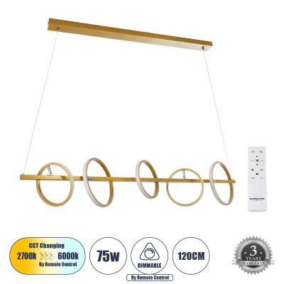 GLOBOSTAR® CIRCOLARE 61322 Μοντέρνο Κρεμαστό Φωτιστικό Οροφής LED 75W 8400lm 360° AC 220-240V IP20 Ρυθμιζόμενο Λευκό CCT με Χειριστήριο από 2700K έως 6000K Dimmable - Lumileds SMD Chip - Χρυσό - Μ120 x Π25 x Υ25cm - 3 Χρόνια Εγγύηση GLOBOSTAR® CIRCOLARE 61322 Μοντέρνο Κρεμαστό Φωτιστικό Οροφής LED 75W 8400lm 360° AC 220-240V IP20 Ρυθμιζόμενο Λευκό CCT με Χειριστήριο από 2700K έως 6000K Dimmable - Lumileds SMD Chip - Χρυσό - Μ120 x Π25 x Υ25cm - 3 Χρόνια Εγγύηση