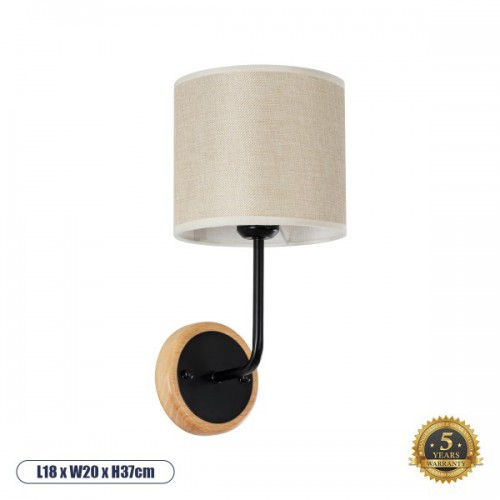 GloboStar® MANU 02043 Μοντέρνο Φωτιστικό Τοίχου - Απλίκα 1 x E27 AC 220-240V - Μ18 x Π20 x Υ37cm - Μαύρο Μεταλλικό με Μπεζ Ξύλινο Σώμα & Μπεζ Πλεκτό Καπέλο - 5 Χρόνια Εγγύηση Διακόσμηση - Φως - Χαλιά
