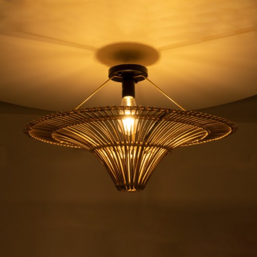 GloboStar® PALERMO 02152 Boho Φωτιστικό Οροφής Μονόφωτο 1 x E27 AC220-240V IP20 - Φ60 x Υ36cm - Μπεζ Ξύλινο Μπαμπού Πλέγμα - 5 Χρόνια Εγγύηση Διακόσμηση - Φως - Χαλιά