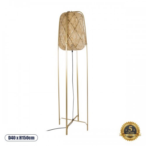GloboStar® MEILANI 02301 Boho Επιδαπέδιο Φωτιστικό Μονόφωτο 1 x E27 AC220-240V IP20 - Φ40 x Υ150cm - Χρυσό Μεταλλικό με Μπεζ Ξύλινο Ρατάν Πλέγμα - 5 Χρόνια Εγγύηση Διακόσμηση - Φως - Χαλιά