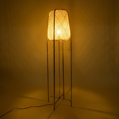 GloboStar® MEILANI 02301 Boho Επιδαπέδιο Φωτιστικό Μονόφωτο 1 x E27 AC220-240V IP20 - Φ40 x Υ150cm - Χρυσό Μεταλλικό με Μπεζ Ξύλινο Ρατάν Πλέγμα - 5 Χρόνια Εγγύηση Διακόσμηση - Φως - Χαλιά