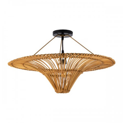 GloboStar® PALERMO 02308 Boho Φωτιστικό Οροφής Μονόφωτο 1 x E27 AC220-240V IP20 - Φ60 x Υ36cm - Μπεζ Καφέ Ξύλινο Μπαμπού Πλέγμα - 5 Χρόνια Εγγύηση Διακόσμηση - Φως - Χαλιά