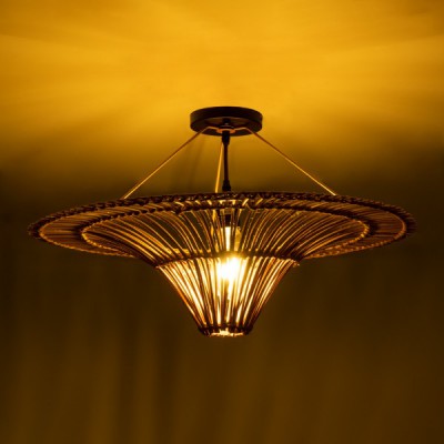 GloboStar® PALERMO 02308 Boho Φωτιστικό Οροφής Μονόφωτο 1 x E27 AC220-240V IP20 - Φ60 x Υ36cm - Μπεζ Καφέ Ξύλινο Μπαμπού Πλέγμα - 5 Χρόνια Εγγύηση Διακόσμηση - Φως - Χαλιά