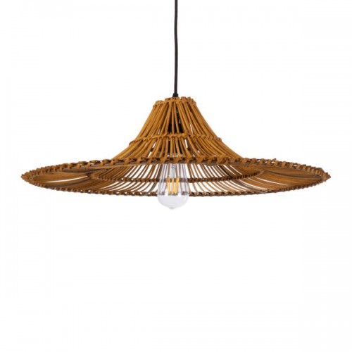 GloboStar® PALERMO 02310 Boho Κρεμαστό Φωτιστικό Οροφής Μονόφωτο 1 x E27 AC220-240V IP20 - Φ60 x Υ18cm - Μπεζ Καφέ Ξύλινο Μπαμπού Πλέγμα - 5 Χρόνια Εγγύηση Διακόσμηση - Φως - Χαλιά