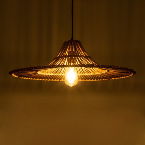 GloboStar® PALERMO 02310 Boho Κρεμαστό Φωτιστικό Οροφής Μονόφωτο 1 x E27 AC220-240V IP20 - Φ60 x Υ18cm - Μπεζ Καφέ Ξύλινο Μπαμπού Πλέγμα - 5 Χρόνια Εγγύηση Διακόσμηση - Φως - Χαλιά