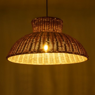 GloboStar® MALABO 02328 Boho Κρεμαστό Φωτιστικό Οροφής Μονόφωτο 1 x E27 AC220-240V IP20 - Φ60 x Υ31cm - Καφέ Ξύλινο Μπαμπού Πλέγμα - 5 Χρόνια Εγγύηση Διακόσμηση - Φως - Χαλιά