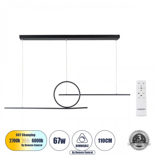 GloboStar® TEREZA 61288 Κρεμαστό Φωτιστικό Οροφής Design LED CCT 67W 7504lm 300° AC 220-240V - Εναλλαγή Φωτισμού μέσω Τηλεχειριστηρίου All In One Ψυχρό 6000k+Φυσικό 4500k+Θερμό 2700K Dimmable Μ110 x Π4.5 x Υ34cm - Μαύρο - 3 Χρόνια Εγγύηση Διακόσμηση - Φως