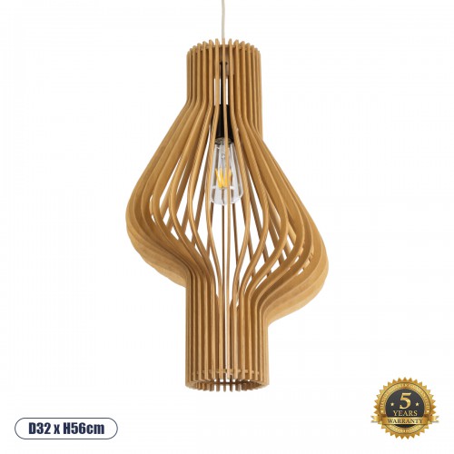 GloboStar® MIHIRO 02172 Boho Κρεμαστό Φωτιστικό Οροφής Μονόφωτο 1 x E27 AC220-240V IP20 - Φ32 x Υ56cm - Καφέ Ξύλινο Πλέγμα - 5 Χρόνια Εγγύηση Διακόσμηση - Φως - Χαλιά