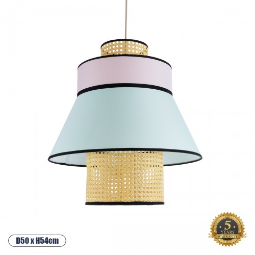 GloboStar® JOURNEY 01920 Boho Κρεμαστό Φωτιστικό Οροφής Μονόφωτο 1 x E27 AC220-240V IP20 - Φ50 x Υ54cm - Μπεζ Ξύλινο με Ροζ Γαλάζιο και Μαύρες Λεπτομέρειες Πλέγμα - 5 Χρόνια Εγγύηση Διακόσμηση - Φως - Χαλιά
