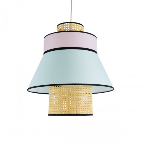 GloboStar® JOURNEY 01920 Boho Κρεμαστό Φωτιστικό Οροφής Μονόφωτο 1 x E27 AC220-240V IP20 - Φ50 x Υ54cm - Μπεζ Ξύλινο με Ροζ Γαλάζιο και Μαύρες Λεπτομέρειες Πλέγμα - 5 Χρόνια Εγγύηση Διακόσμηση - Φως - Χαλιά