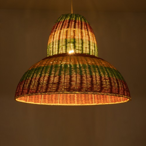 GloboStar® CABALLEROS 02058 Boho Επιτραπέζιο Φωτιστικό Μονόφωτο 1 x E27 AC220-240V IP20 - Φ70 x Υ60cm - Πράσινο με Κίτρινο και Μπεζ με Κόκκινο Ξύλινο Μπαμπού Πλέγμα Καμπάνα - 5 Χρόνια Εγγύηση Διακόσμηση - Φως - Χαλιά