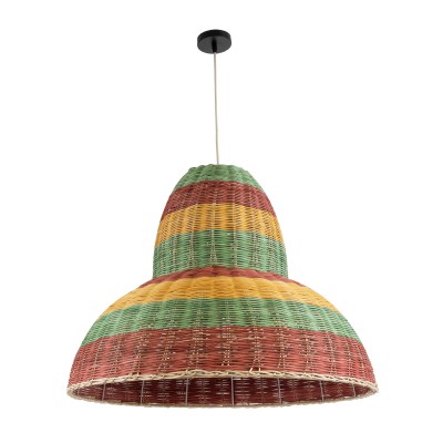 GloboStar® CABALLEROS 02058 Boho Επιτραπέζιο Φωτιστικό Μονόφωτο 1 x E27 AC220-240V IP20 - Φ70 x Υ60cm - Πράσινο με Κίτρινο και Μπεζ με Κόκκινο Ξύλινο Μπαμπού Πλέγμα Καμπάνα - 5 Χρόνια Εγγύηση Διακόσμηση - Φως - Χαλιά