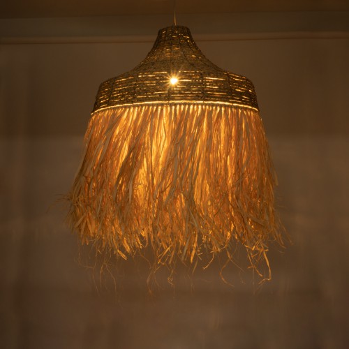 GloboStar® NEGRIL 02186 Boho Κρεμαστό Φωτιστικό Οροφής Μονόφωτο 1 x E27 AC220-240V IP20 - Φ80 x Υ120cm - Μπεζ Φυσική Ράφια Νήμα Πλέγμα Καμπάνα - 5 Χρόνια Εγγύηση Διακόσμηση - Φως - Χαλιά