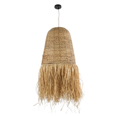 GloboStar® NEPAL 02190 Boho Κρεμαστό Φωτιστικό Οροφής Μονόφωτο 1 x E27 AC220-240V IP20 - Φ60 x Υ120cm - Μπεζ Φυσική Ράφια Νήμα Πλέγμα Καμπάνα - 5 Χρόνια Εγγύηση Διακόσμηση - Φως - Χαλιά
