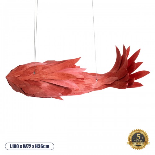 GloboStar® AROWANA 02361 Boho Κρεμαστό Φωτιστικό Οροφής Μονόφωτο 1 x E27 AC220-240V IP20 - Μ100 x Π72 x Υ36cm - Κόκκινο Λεπτό Φύλλο Ξύλου Πλέγμα - 5 Χρόνια Εγγύηση Διακόσμηση - Φως - Χαλιά