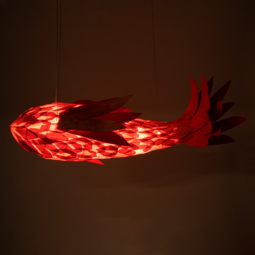 GloboStar® AROWANA 02361 Boho Κρεμαστό Φωτιστικό Οροφής Μονόφωτο 1 x E27 AC220-240V IP20 - Μ100 x Π72 x Υ36cm - Κόκκινο Λεπτό Φύλλο Ξύλου Πλέγμα - 5 Χρόνια Εγγύηση Διακόσμηση - Φως - Χαλιά