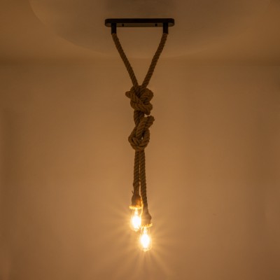 GloboStar® ROPE 01019 Vintage Industrial Κρεμαστό Φωτιστικό Οροφής Δίφωτο 2 x E27 με 2 μέτρα Μπεζ Σχοινί Φ3.5 x Y200cm Διακόσμηση - Φωτισμός - Χαλιά