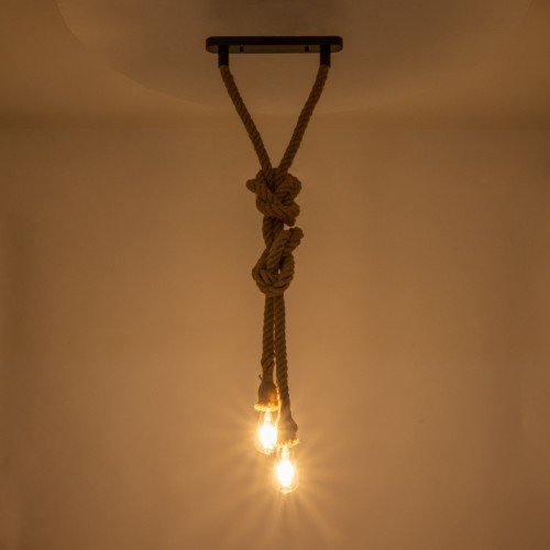 GloboStar® ROPE 01019 Vintage Industrial Κρεμαστό Φωτιστικό Οροφής Δίφωτο 2 x E27 με 2 μέτρα Μπεζ Σχοινί Φ3.5 x Y200cm Διακόσμηση - Φωτισμός - Χαλιά