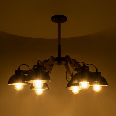 GloboStar® OLD SCHOOL 01094 Μοντέρνο Φωτιστικό Οροφής Πολύφωτο Μαύρο Μεταλλικό με Φυσικό Ξύλο Καμπάνα Φ75 x Y38cm Διακόσμηση - Φωτισμός - Χαλιά