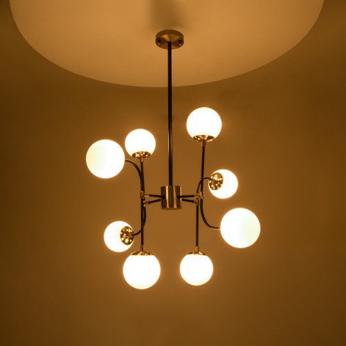 GloboStar® STARDUST 01649 Vintage Industrial Φωτιστικό Οροφής Πολύφωτο Μαύρο - Χρυσό Μεταλλικό Πολυέλαιος με Γυάλινες Μπάλες Λευκό Ματ Φ75 x Y100cm Διακόσμηση - Φωτισμός - Χαλιά