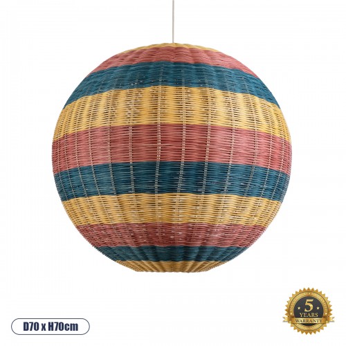 GloboStar® CABALLEROS 02063 Boho Κρεμαστό Φωτιστικό Οροφής Μονόφωτο 1 x E27 AC220-240V IP20 - Φ70 x Υ70cm - Μπλε με Κίτρινο και Κόκκινο Μπαμπού Πλέγμα Μπάλα - 5 Χρόνια Εγγύηση Διακόσμηση - Φως - Χαλιά