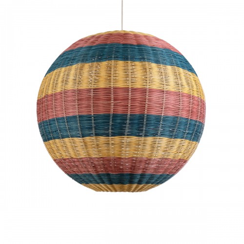 GloboStar® CABALLEROS 02063 Boho Κρεμαστό Φωτιστικό Οροφής Μονόφωτο 1 x E27 AC220-240V IP20 - Φ70 x Υ70cm - Μπλε με Κίτρινο και Κόκκινο Μπαμπού Πλέγμα Μπάλα - 5 Χρόνια Εγγύηση Διακόσμηση - Φως - Χαλιά