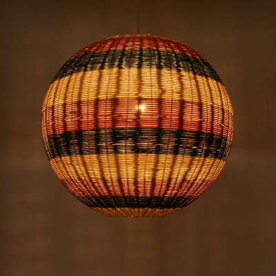 GloboStar® CABALLEROS 02063 Boho Κρεμαστό Φωτιστικό Οροφής Μονόφωτο 1 x E27 AC220-240V IP20 - Φ70 x Υ70cm - Μπλε με Κίτρινο και Κόκκινο Μπαμπού Πλέγμα Μπάλα - 5 Χρόνια Εγγύηση Διακόσμηση - Φως - Χαλιά