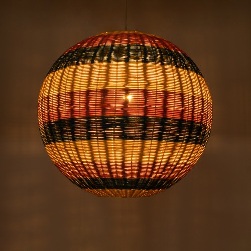 GloboStar® CABALLEROS 02063 Boho Κρεμαστό Φωτιστικό Οροφής Μονόφωτο 1 x E27 AC220-240V IP20 - Φ70 x Υ70cm - Μπλε με Κίτρινο και Κόκκινο Μπαμπού Πλέγμα Μπάλα - 5 Χρόνια Εγγύηση Διακόσμηση - Φως - Χαλιά