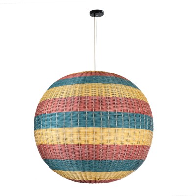 GloboStar® CABALLEROS 02064 Boho Κρεμαστό Φωτιστικό Οροφής Μονόφωτο 1 x E27 AC220-240V IP20 - Φ100 x Υ100cm - Μπλε με Κίτρινο και Κόκκινο Μπαμπού Πλέγμα Μπάλα - 5 Χρόνια Εγγύηση Διακόσμηση - Φως - Χαλιά
