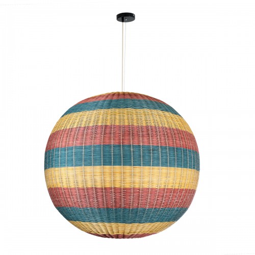 GloboStar® CABALLEROS 02064 Boho Κρεμαστό Φωτιστικό Οροφής Μονόφωτο 1 x E27 AC220-240V IP20 - Φ100 x Υ100cm - Μπλε με Κίτρινο και Κόκκινο Μπαμπού Πλέγμα Μπάλα - 5 Χρόνια Εγγύηση Διακόσμηση - Φως - Χαλιά