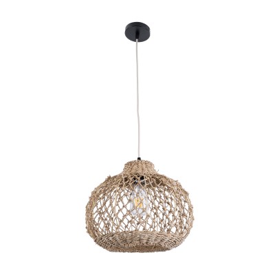 GloboStar® ECUADOR 02115 Boho Κρεμαστό Φωτιστικό Οροφής Μονόφωτο 1 x E27 AC220-240V IP20 - Φ35 x Υ28cm - Μπεζ Seagrass - Φύκι Πλέγμα Καμπάνα - 5 Χρόνια Εγγύηση Διακόσμηση - Φως - Χαλιά
