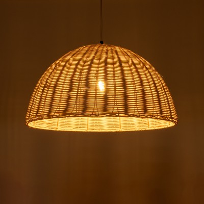 GloboStar® MONTANA 02378 Boho Κρεμαστό Φωτιστικό Οροφής Μονόφωτο 1 x E27 AC220-240V IP20 - Φ50 x Υ25cm - Μπεζ Μπαμπού Πλέγμα Καμπάνα - 5 Χρόνια Εγγύηση Διακόσμηση - Φως - Χαλιά