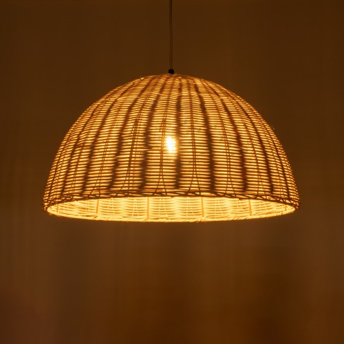 GloboStar® MONTANA 02378 Boho Κρεμαστό Φωτιστικό Οροφής Μονόφωτο 1 x E27 AC220-240V IP20 - Φ50 x Υ25cm - Μπεζ Μπαμπού Πλέγμα Καμπάνα - 5 Χρόνια Εγγύηση Διακόσμηση - Φως - Χαλιά
