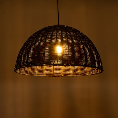 GloboStar® MONTANA 02383 Boho Κρεμαστό Φωτιστικό Οροφής Μονόφωτο 1 x E27 AC220-240V IP20 - Φ50 x Υ25cm - Μαύρο Μπαμπού Πλέγμα Καμπάνα - 5 Χρόνια Εγγύηση Διακόσμηση - Φως - Χαλιά