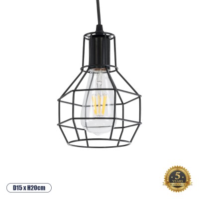 GLOBOSTAR® CAGE 01017 Vintage Κρεμαστό Φωτιστικό Οροφής με Ντουί 1 x E27 AC 220-240V IP20 - Μαύρο - Μ15 x Π15 x Υ20cm