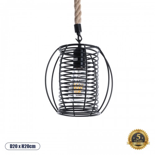 GloboStar® ORVAL 01689 Μοντέρνο Κρεμαστό Φωτιστικό Οροφής Μονόφωτο 1 x E27 AC220-240V IP20 - Φ20 x Υ20cm - Μαύρο Μεταλλικό με Μπεζ Σχοινί Πλέγμα - 5 Χρόνια Εγγύηση Διακόσμηση - Φως - Χαλιά