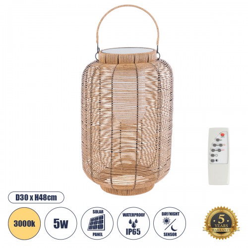 GloboStar® GRAMBIAN 02304 Boho Αυτόνομο Ηλιακό Κρεμαστό/Επιτραπέζιο Φωτιστικό Φαναράκι LED SMD 5W 200lm - Φ30 x Υ48cm - με Ενσωματωμένη Μπαταρία 600mAh - Φωτοβολταϊκό Πάνελ και Αισθητήρα Ημέρας-Νύχτας με Ασύρματο Χειριστήριο IR Μπεζ Μπαμπού Αδιάβροχο IP65