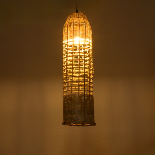 GloboStar® WAIKIKI 02350 Boho Κρεμαστό Φωτιστικό Οροφής Μονόφωτο 1 x E27 AC220-240V IP20 - Φ20 x Υ80cm - Μπεζ Ξύλινο Μπαμπού Πλέγμα Καμπάνα - 5 Χρόνια Εγγύηση Διακόσμηση - Φως - Χαλιά