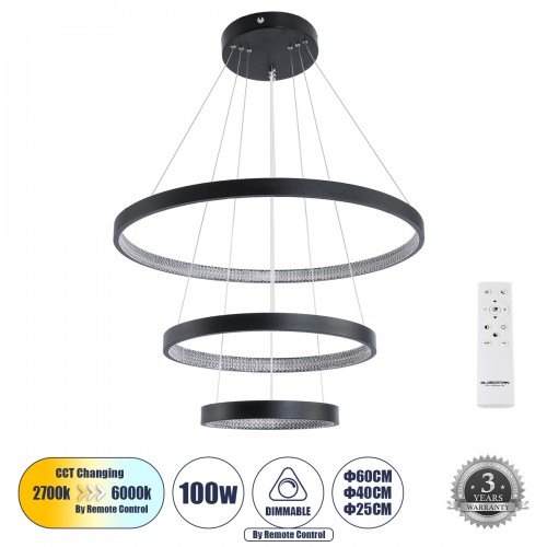 GloboStar® DIAMOND TRIO 61523 Κρεμαστό Φωτιστικό Δαχτυλίδι-Κύκλος LED CCT 100W 11200lm 360° AC 220-240V - Εναλλαγή Φωτισμού μέσω Τηλεχειριστηρίου All In One Ψυχρό 6000k+Φυσικό 4500k+Θερμό 2700k Dimmable Φ25+40+60cm - Μαυρο - 3 Χρόνια Εγγύηση Διακόσμηση - 